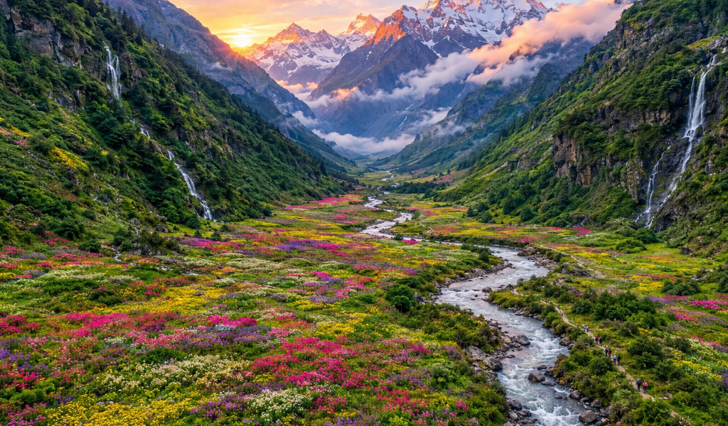 Valley of Flowers Trek package featuring vibrant alpine flowers and stunning Himalayan mountain scenery.