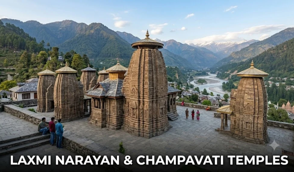Chamba tour package featuring a scenic view of the ancient Laxmi Narayan and Champavati temples, set against the mountains and Ravi River valley.