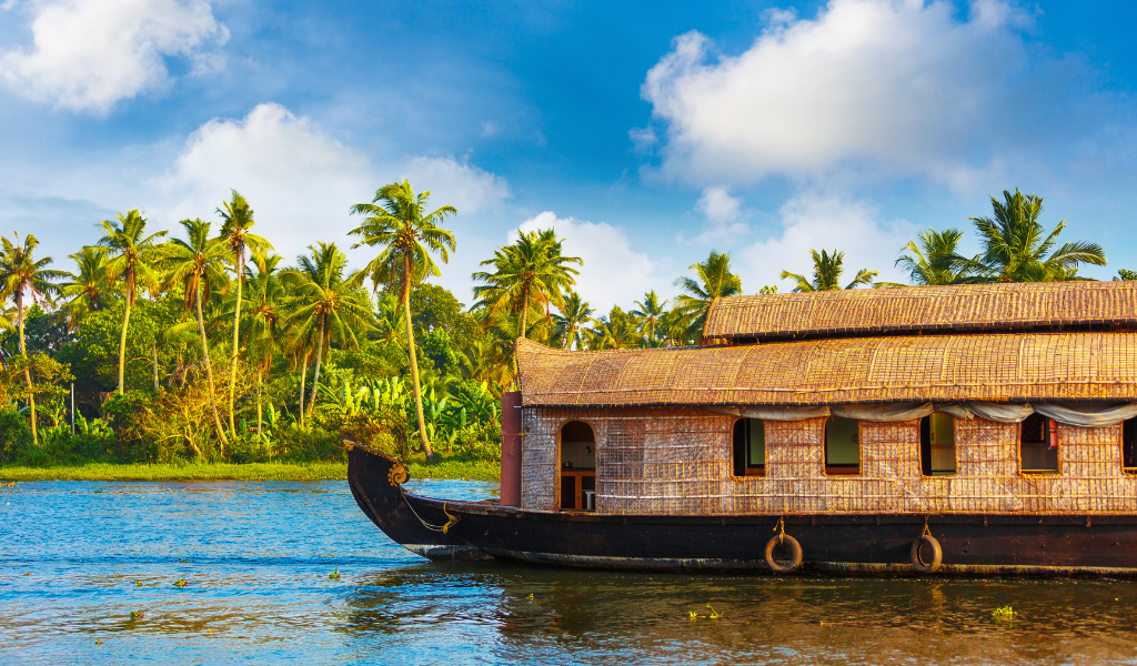 Traditional Kerala houseboat cruising along Alleppey backwaters - Kerala holiday packages from India
