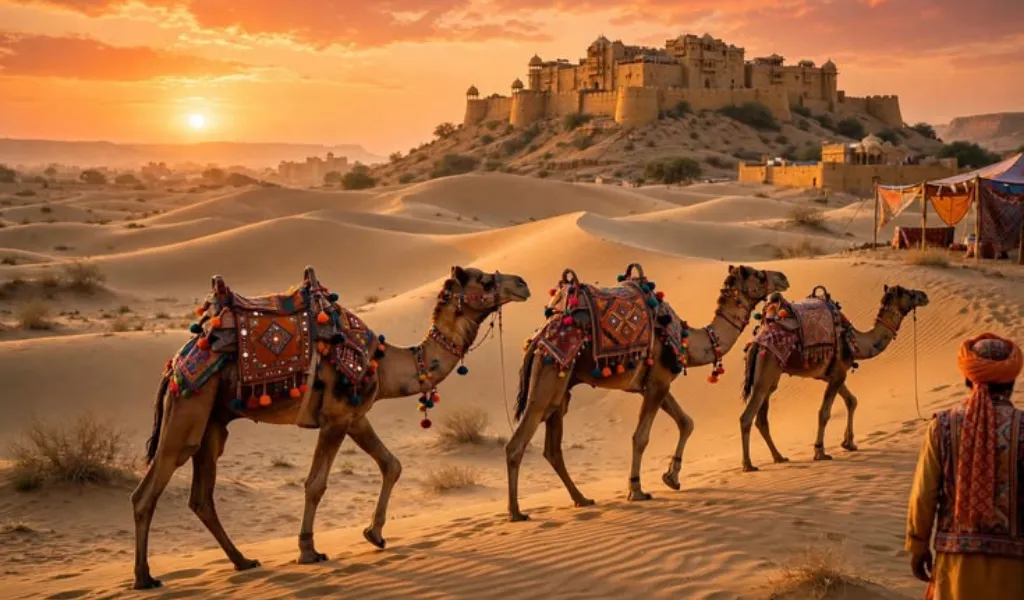 Jaisalmer Fort overlooking the golden Thar Desert with decorated camels during a sunset camel safari in Rajasthan.