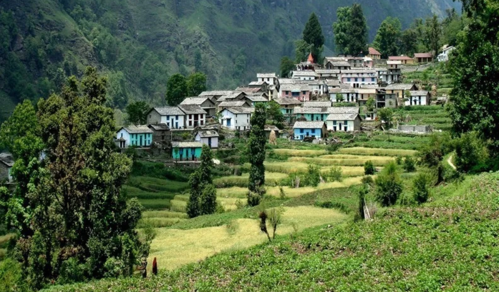 Traditional Kumaoni village houses and green fields during a ranikhet tour package