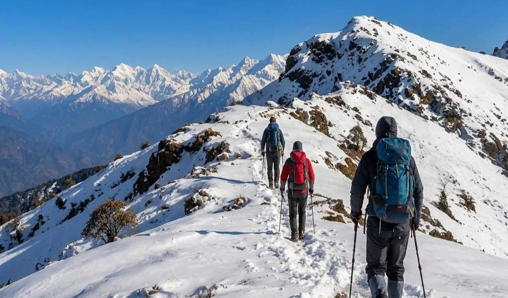 Trekkers walking on snow covered mountain ridge trail during Gulabi Kantha trek in Uttarkashi Uttarakhand