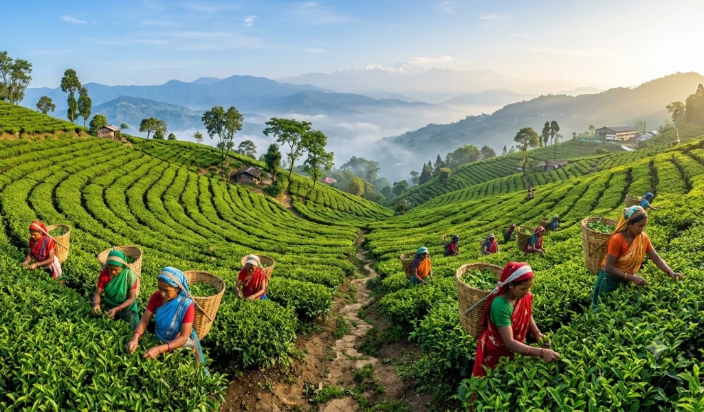 Terraced Darjeeling tea garden with misty hills and tea pluckers, part of our Darjeeling holiday package