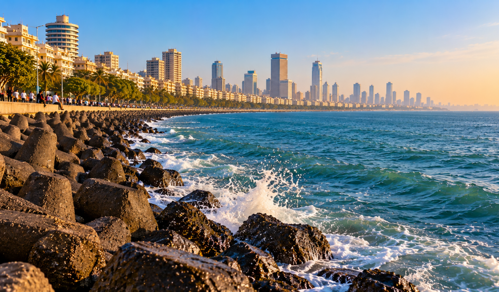 Mumbai Tour Package featuring the scenic Marine Drive coastline and Mumbai skyline along the Arabian Sea