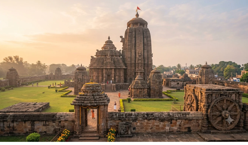 Orissa family tour package - Lingaraj Temple in Bhubaneswar at sunrise with ancient Kalinga architecture