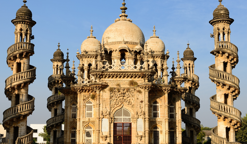 Beautiful spiral towers of Mahabat Maqbara in Junagadh, a top place to visit on your Gujarat Tour Package.