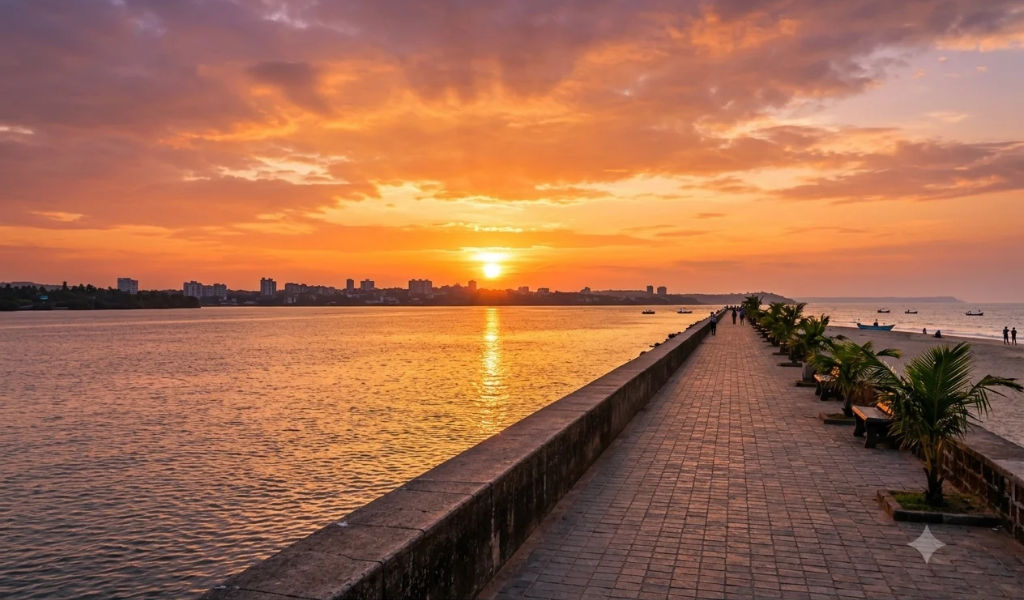 Romantic sunset walk along Miramar Beach promenade included in our Goa trip package for couple and Goa holiday package.