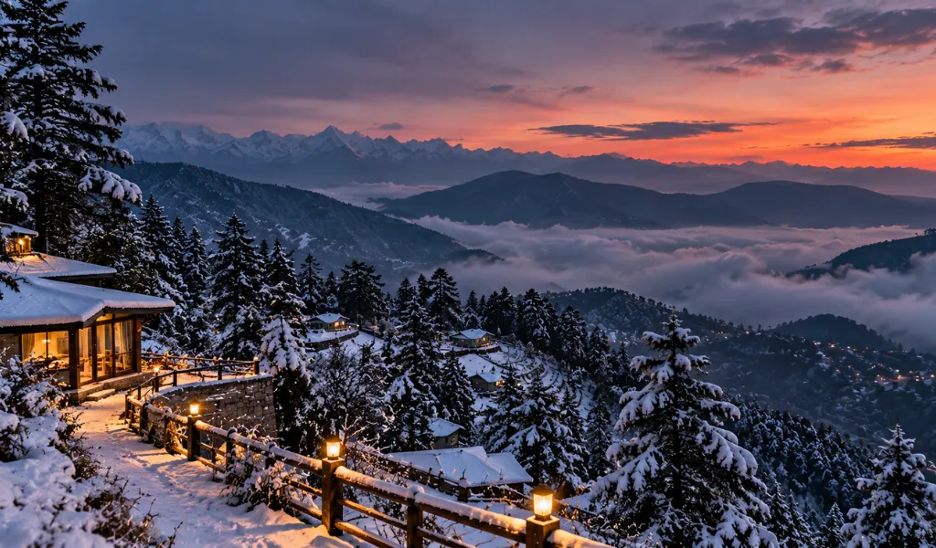 Kanatal Tour Package From Dehradun featuring a beautiful snowy mountain view and pine forests in Uttarakhand