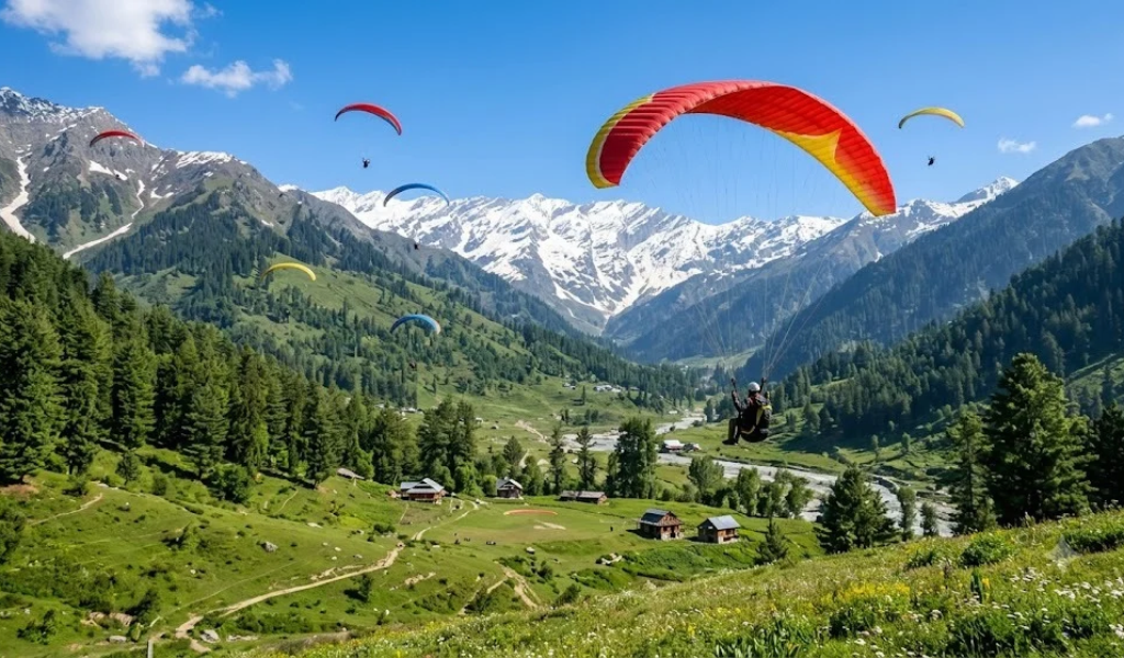 Paragliding in Manali over Solang Valley with snow-capped mountains included in our tour package.