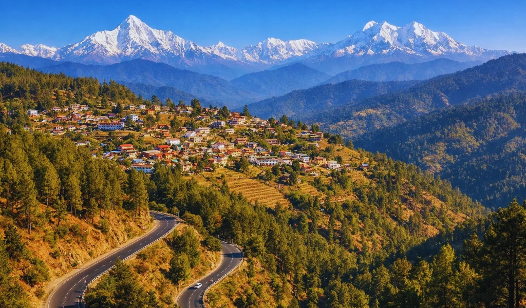 Winding mountain road leading to the scenic hill station of kausani in uttarakhand