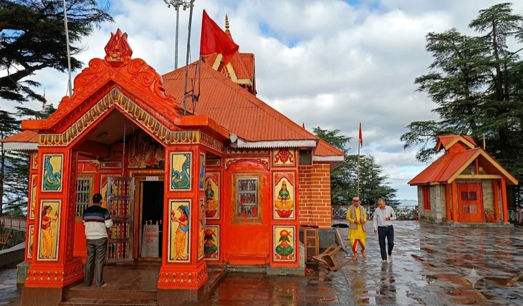 An exterior view of the colorful Jakhu Temple, one of the key historical Hindu Temples in Shimla, set among the pine forests.