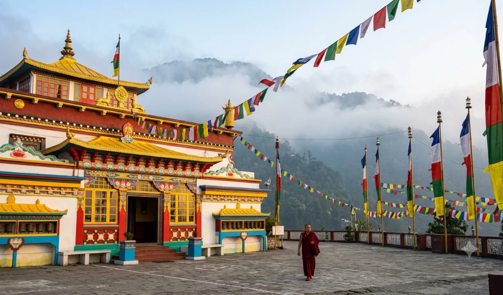 Darjeeling trip package: visit the Tibetan Buddhist Ghoom Monastery surrounded by prayer flags and mountain mist