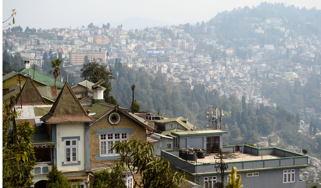 Beautiful view of Darjeeling hill town buildings and mountain landscape for sightseeing in Darjeeling.