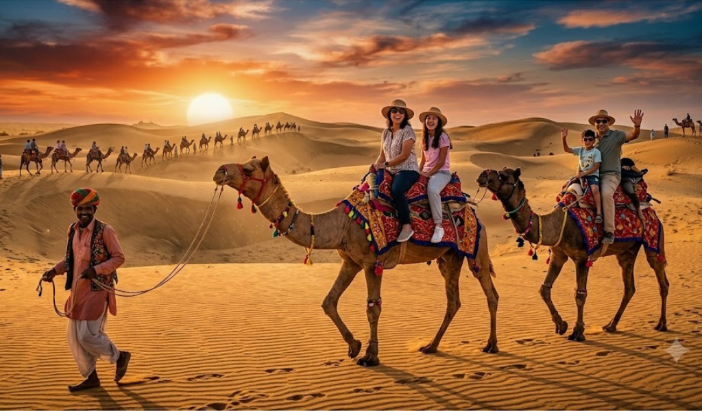 Family enjoying a sunset camel ride on the sand dunes during Jaisalmer tour package