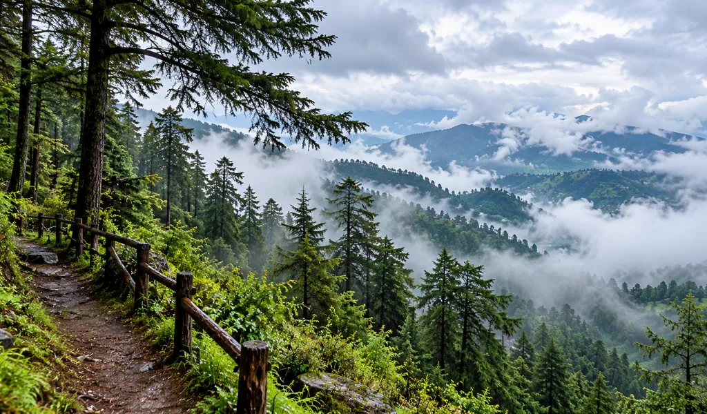 Kanatal sightseeing at Kaudia Forest with misty mountain views and lush green pine forests in Uttarakhand