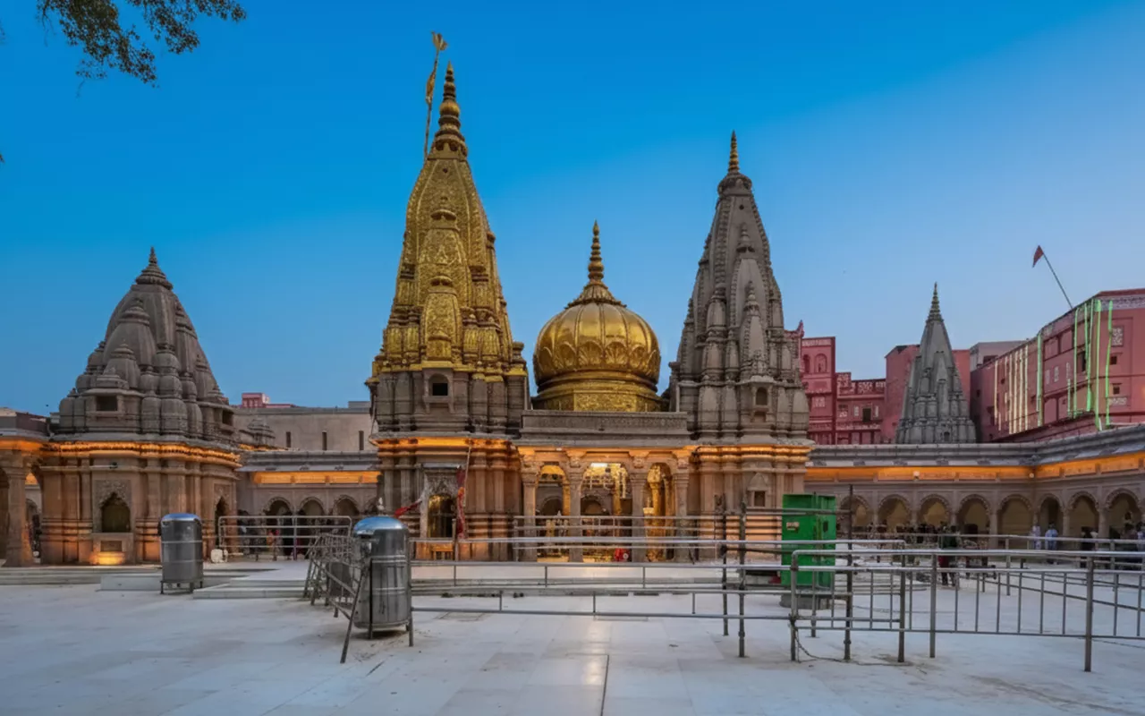 The stunning golden spires of the Kashi Vishwanath Temple, the spiritual center of our Kashi tour package and Varanasi holiday tour package.