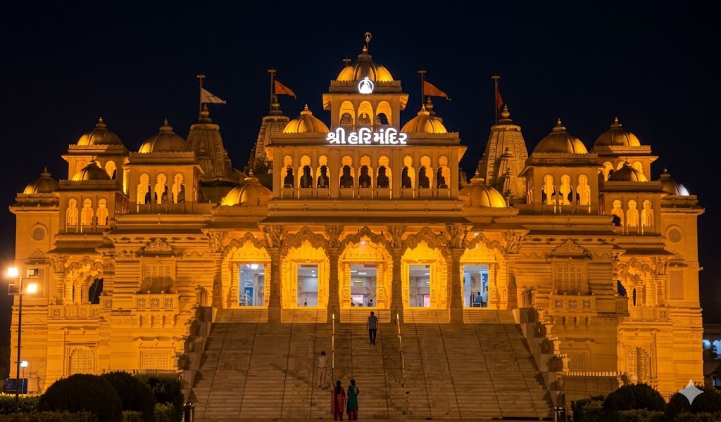 Golden night view of the illuminated Shri Hari Mandir in Porbandar, a grand spiritual landmark included in our Porbandar tour package.