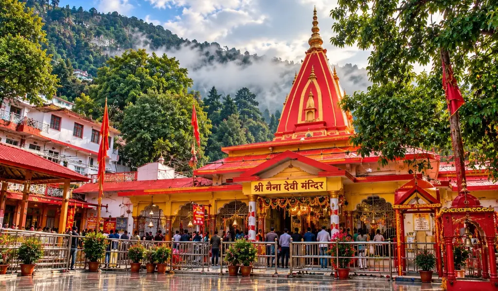 Naina Devi Temple in Nainital surrounded by green hills and scenic mountain views.