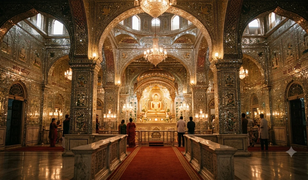 Beautiful glass artwork inside Kanch Mandir Jain temple covered in Indore weekend tour package in Indore Madhya Pradesh.