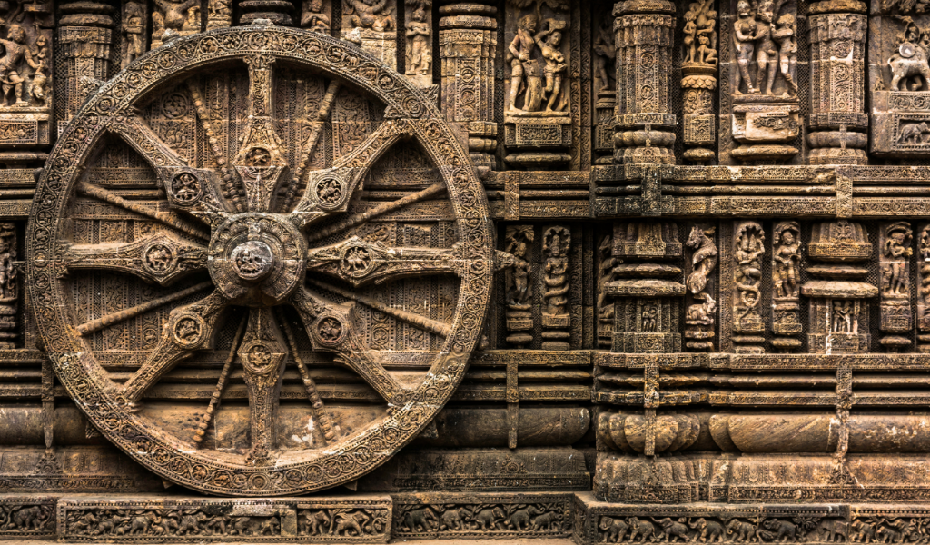 Stone carved Sun Dial Wheel at Konark Sun Temple featured in 4D/3N Odisha tour package