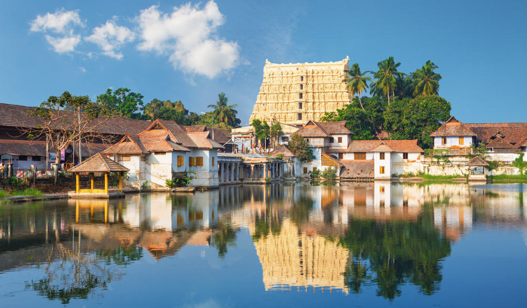 Sree Padmanabhaswamy Temple gopuram reflected in Padma Theertham pond - Kerala holiday