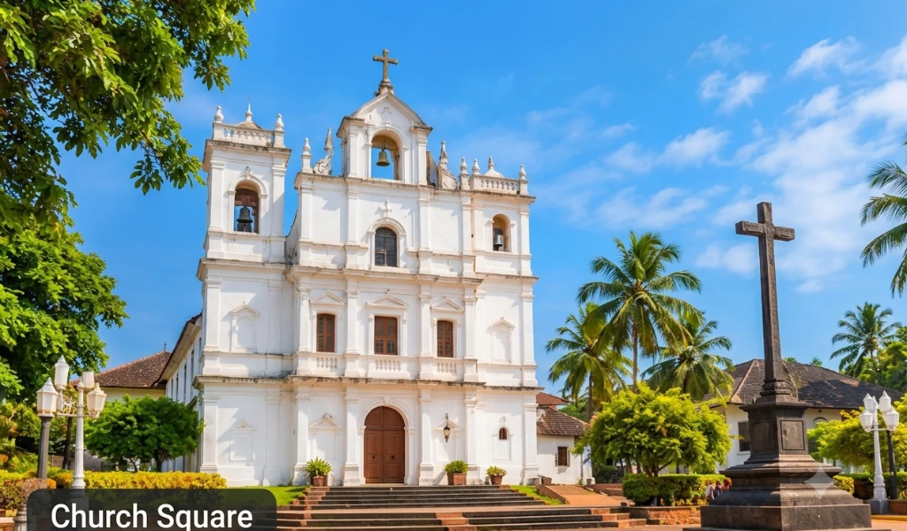 Historic Church Square surrounded by palm trees under a bright blue sky, featured in our Goa tour package and Goa holiday package.